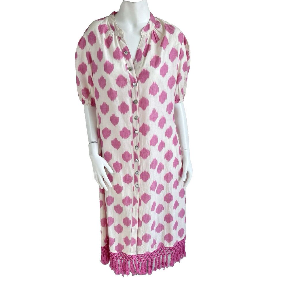 The Mer St Barth Crochet Fringe Cotton Kaftan Mumu Shirt Dress S Resort Vacation